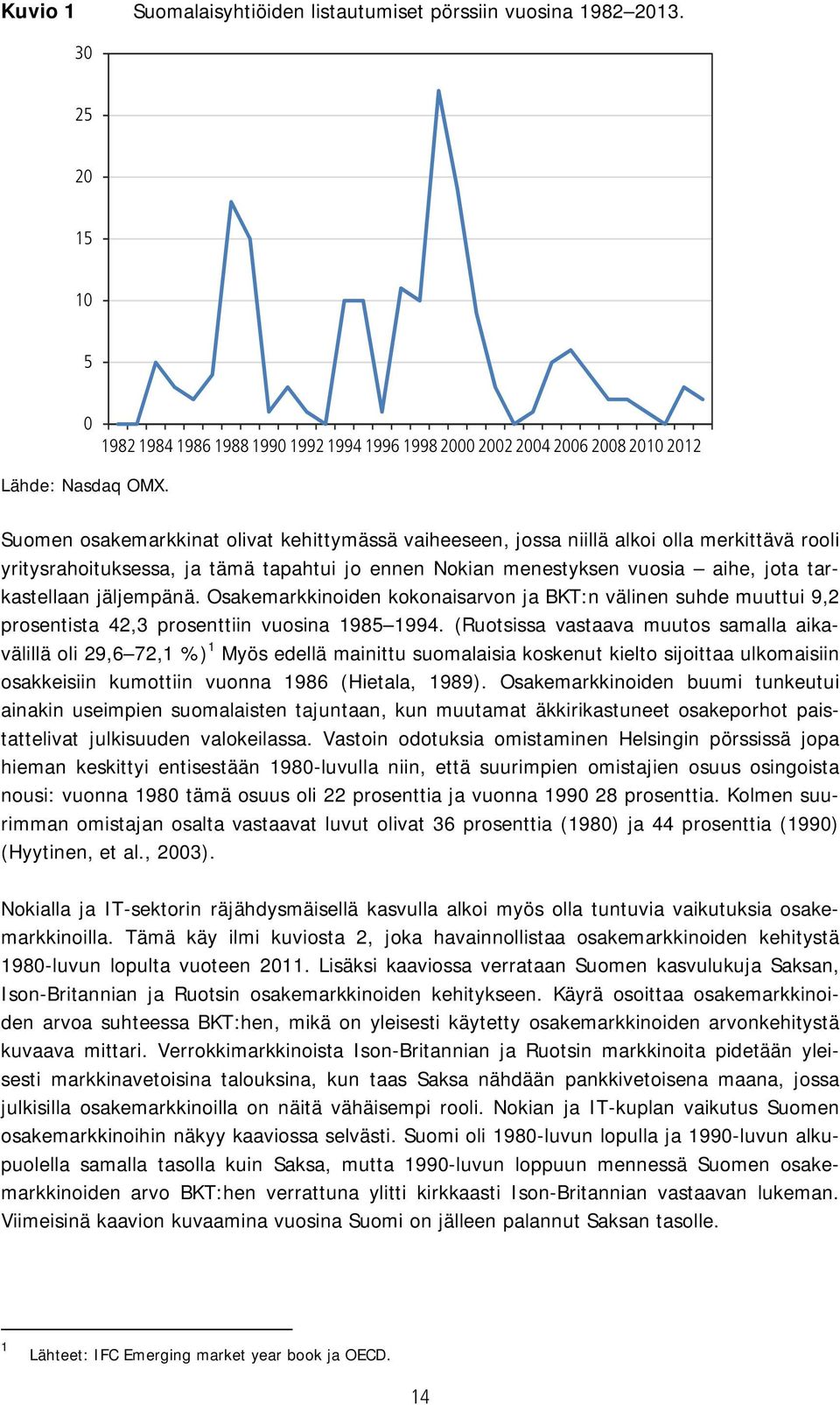 jäljempänä. Osakemarkkinoiden kokonaisarvon ja BKT:n välinen suhde muuttui 9,2 prosentista 42,3 prosenttiin vuosina 1985 1994.