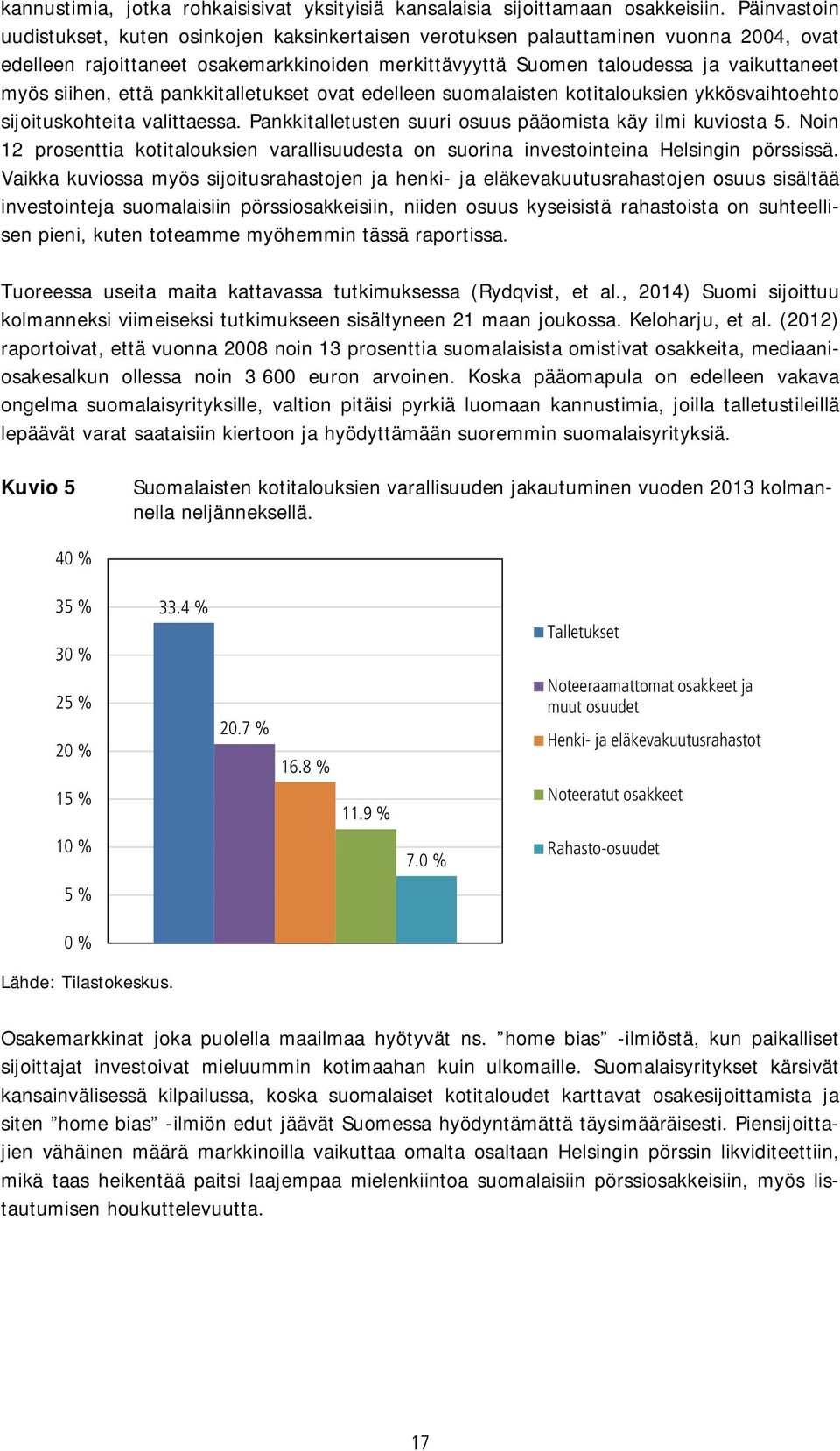 siihen, että pankkitalletukset ovat edelleen suomalaisten kotitalouksien ykkösvaihtoehto sijoituskohteita valittaessa. Pankkitalletusten suuri osuus pääomista käy ilmi kuviosta 5.