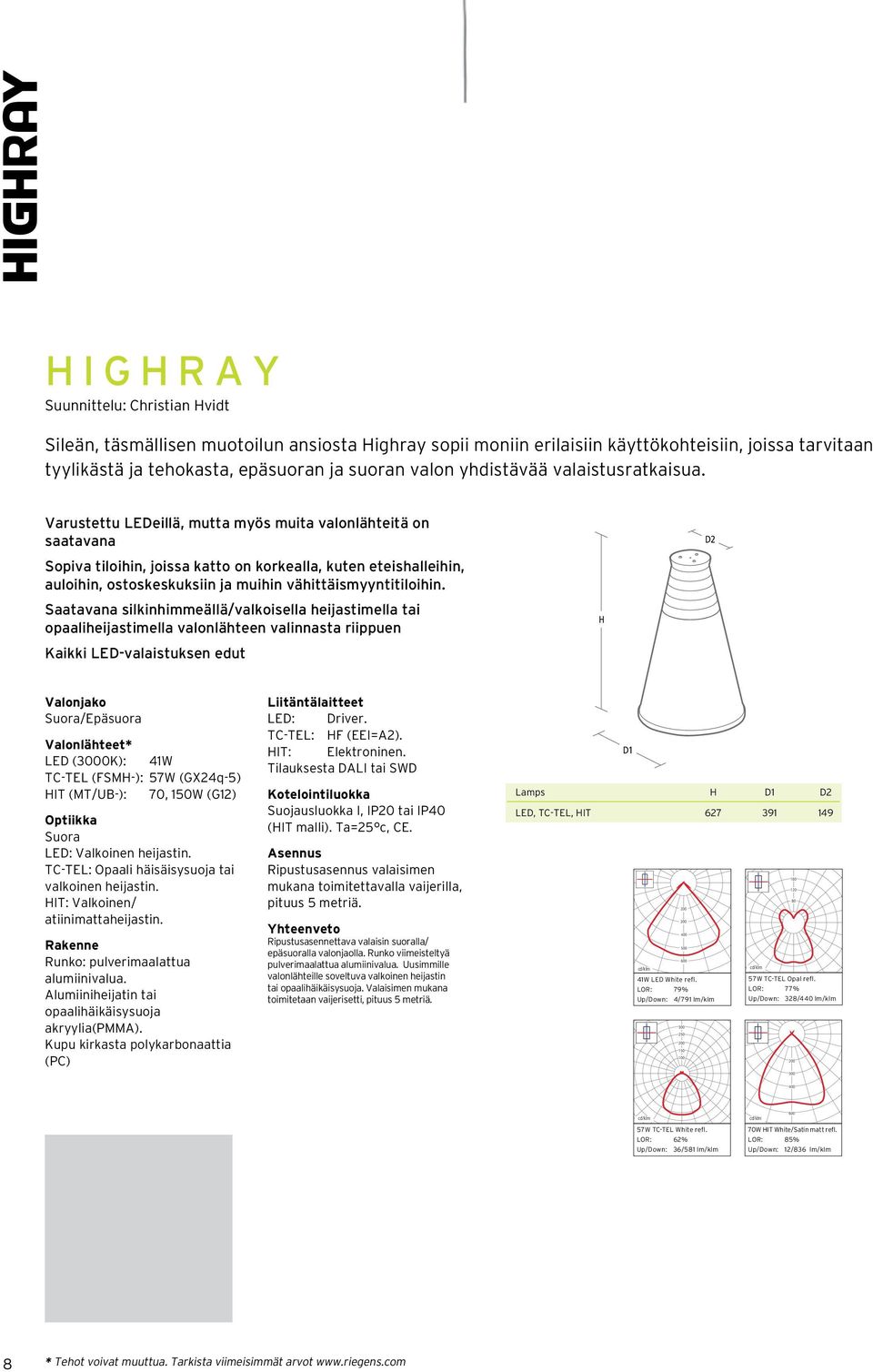 7 by DIAL GmbH Side 1 105 90 60 H I G H R A Y Suunnittelu: Christian Hvidt Sileän, täsmällisen muotoilun ansiosta Highray sopii moniin erilaisiin käyttökohteisiin, joissa tarvitaan tyylikästä ja