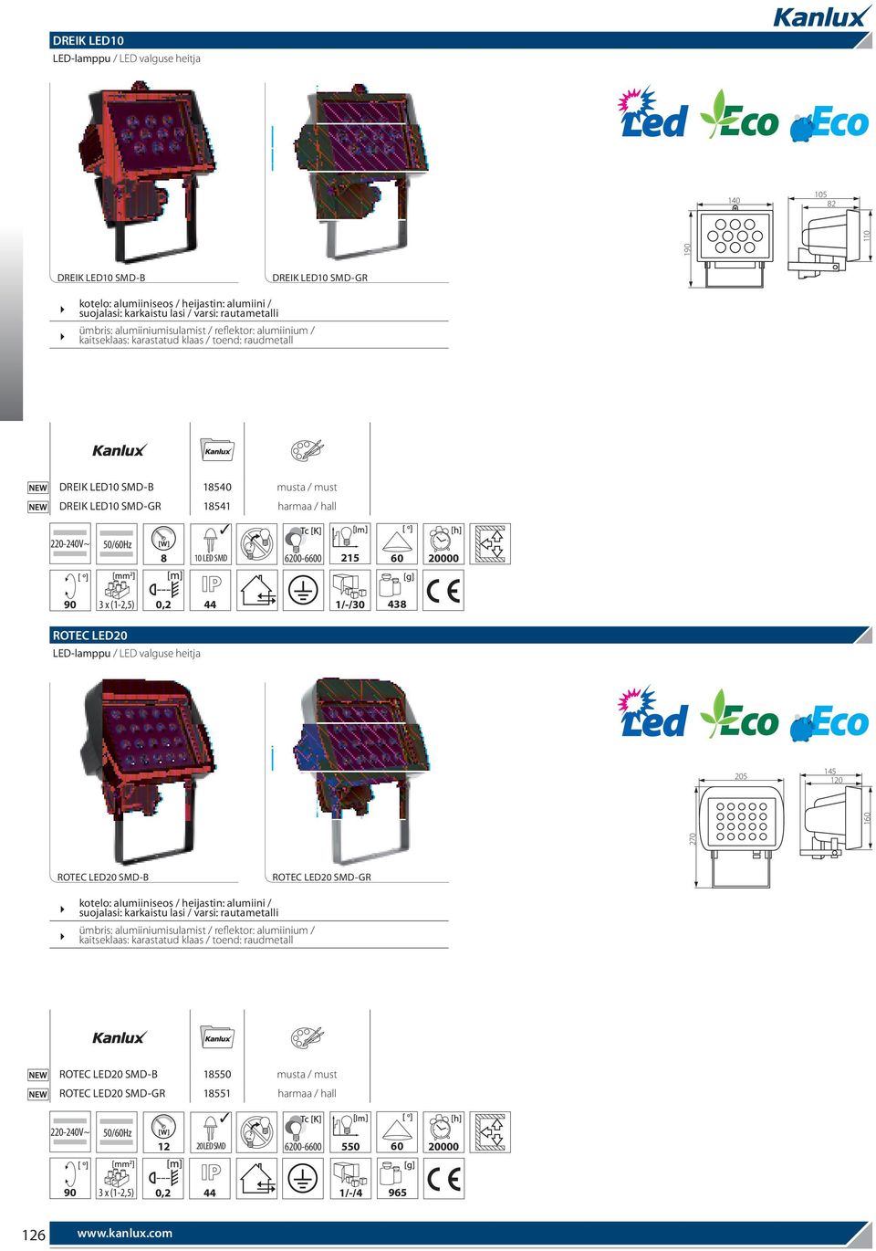 LED20 LED-lamppu / LED valguse heitja 205 145 120 270 160 ROTEC LED20 SMD-B ROTEC LED20 SMD-GR / varsi: rautametalli / toend: raudmetall ROTEC LED20