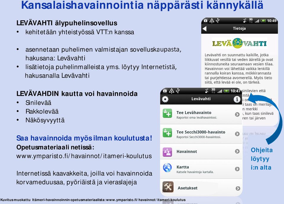 löytyy Internetistä, hakusanalla Levävahti LEVÄVAHDIN kautta voi havainnoida Sinilevää Rakkolevää Näkösyvyyttä Saa havainnoida myös ilman koulutusta!