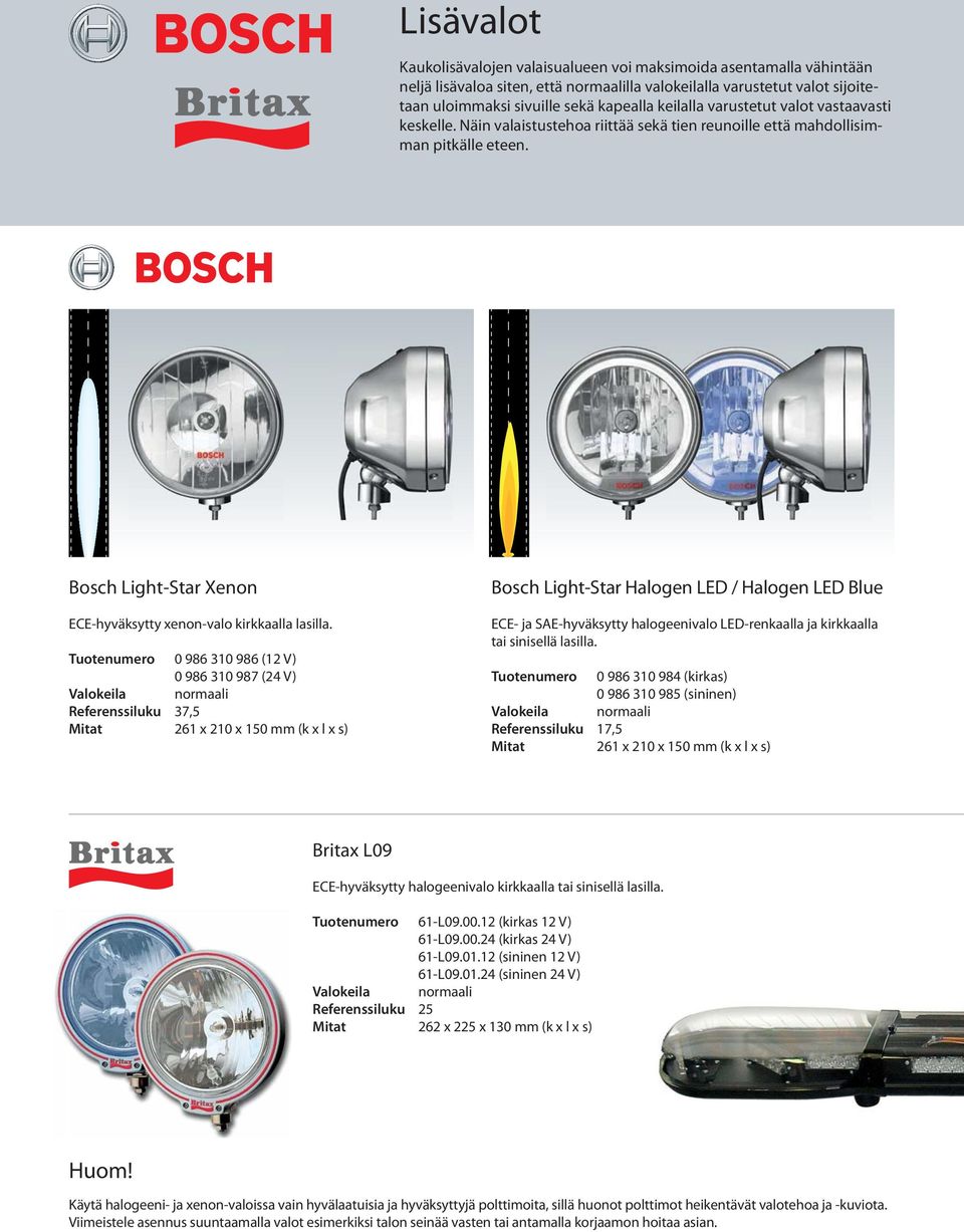 Tuotenumero 0 986 310 986 (12 V) 0 986 310 987 (24 V) Valokeila normaali Referenssiluku 37,5 Mitat 261 x 210 x 150 mm (k x l x s) Bosch Light-Star Halogen LED / Halogen LED Blue ECE- ja