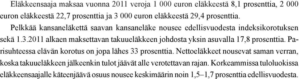 2011 alkaen maksettavan takuueläkkeen johdosta yksin asuvalla 17,8 prosenttia. Parisuhteessa elävän korotus on jopa lähes 33 prosenttia.