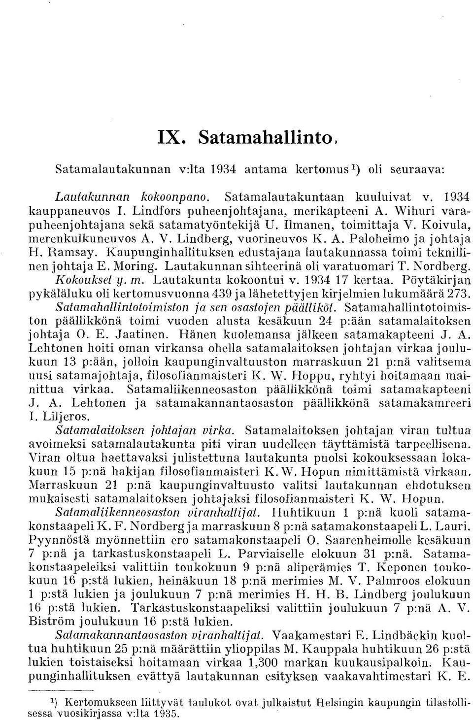 Ramsay. Kaupunginhallituksen edustajana lautakunnassa toimi teknillinen johtaja E. Moring. Lautakunnan sihteerinä oli varatuomari T. Nordberg. Kokoukset y. m. Lautakunta kokoontui v. 1934 17 kertaa.