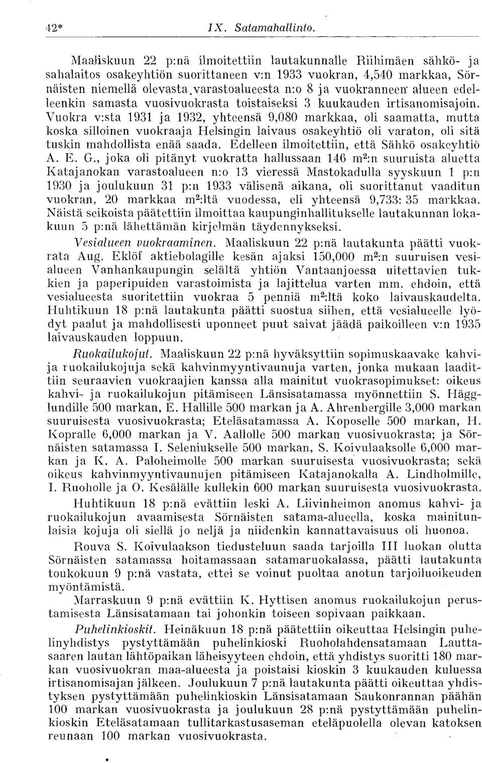 Vuokra v:sta 1931 ja 1932, yhteensä 9,080 markkaa, oli saamatta, mutta koska silloinen vuokraaja Helsingin laivaus osakeyhtiö oli varaton, oli sitä tuskin mahdollista enää saada.