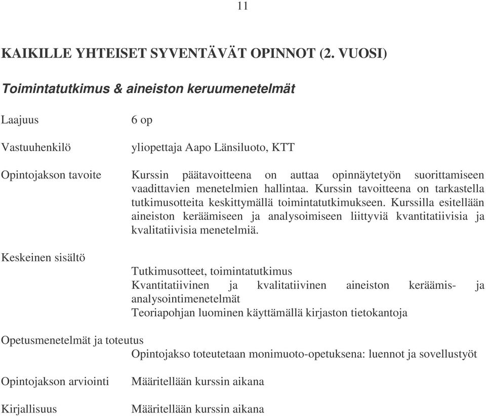 menetelmien hallintaa. Kurssin tavoitteena on tarkastella tutkimusotteita keskittymällä toimintatutkimukseen.