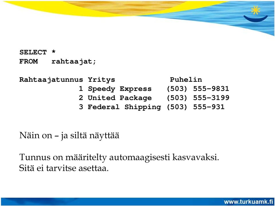 3 Federal Shipping (503) 555-931 Näin on ja siltä näyttää