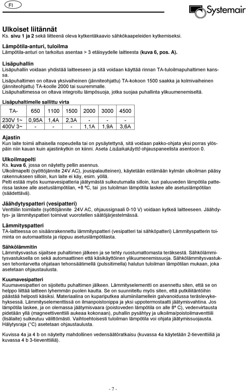 Lisäpuhallin Lisäpuhallin voidaan yhdistää laitteeseen ja sitä voidaan käyttää rinnan TA-tuloilmapuhaltimen kanssa.