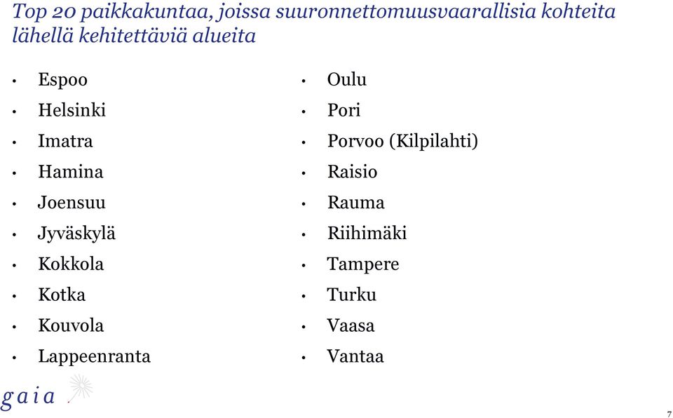 Joensuu Jyväskylä Kokkola Kotka Kouvola Lappeenranta Oulu Pori