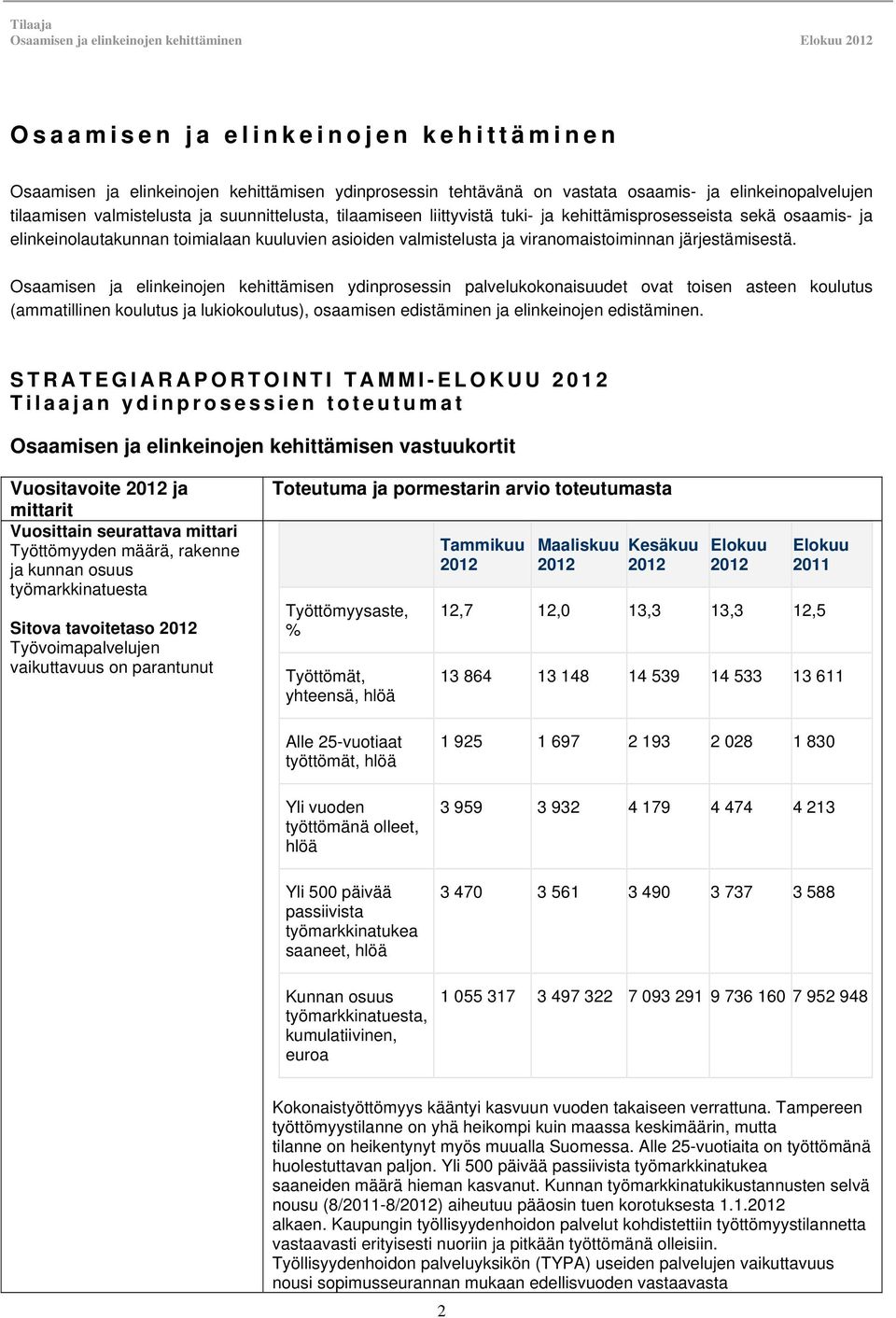 Osaamisen ja elinkeinojen kehittämisen ydinprosessin palvelukokonaisuudet ovat toisen asteen koulutus (ammatillinen koulutus ja lukiokoulutus), osaamisen edistäminen ja elinkeinojen edistäminen.