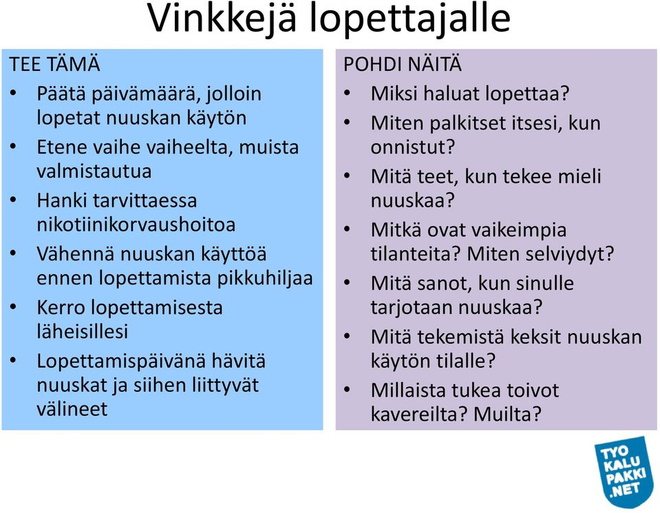 siihen liittyvät välineet POHDI NÄITÄ Miksi haluat lopettaa? Miten palkitset itsesi, kun onnistut? Mitä teet, kun tekee mieli nuuskaa?