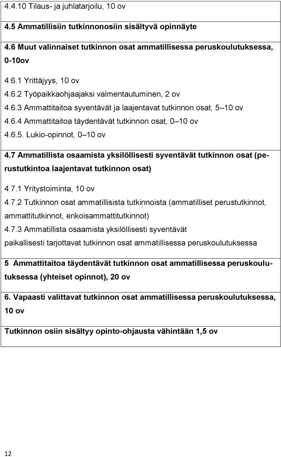 7 Ammatillista osaamista yksilöllisesti syventävät tutkinnon osat (perustutkintoa laajentavat tutkinnon osat) 4.7.1 Yritystoiminta, 10 ov 4.7.2 Tutkinnon osat ammatillisista tutkinnoista (ammatilliset perustutkinnot, ammattitutkinnot, erikoisammattitutkinnot) 4.