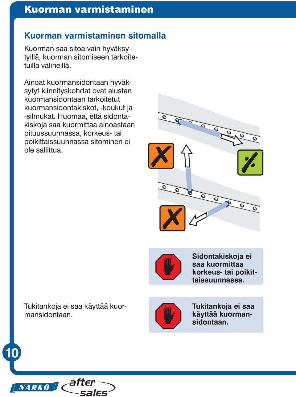 Huomaa, että sidontakiskoja saa kuormittaa ainoastaan pituussuunnassa, korkeus- tai poikittaissuunnassa sitominen ei ole sallittua.