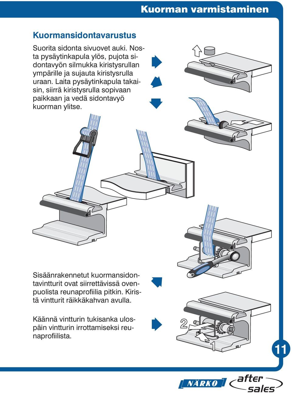 Laita pysäytinkapula takaisin, siirrä kiristysrulla sopivaan paikkaan ja vedä sidontavyö kuorman ylitse.