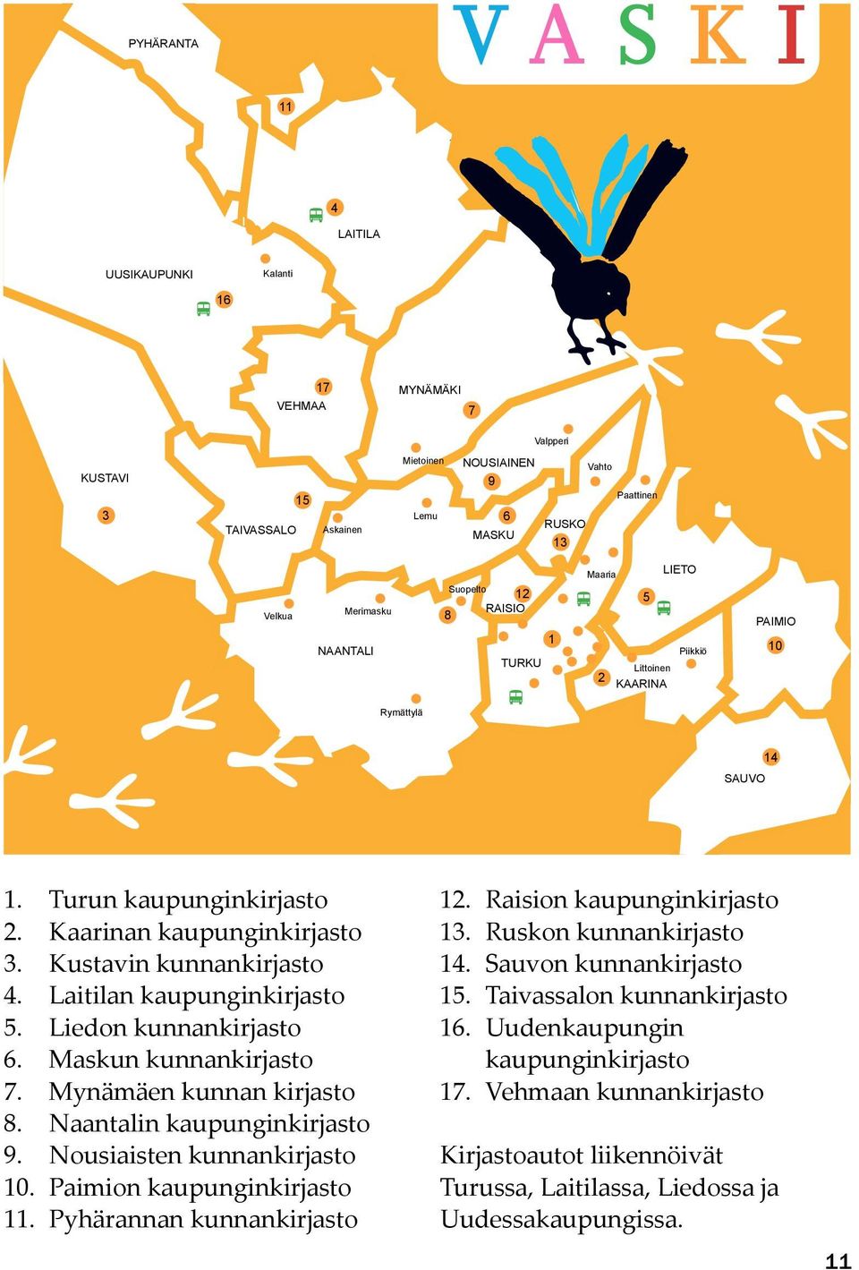 Laitilan kaupunginkirjasto 5. Liedon kunnankirjasto 6. Maskun kunnankirjasto 7. Mynämäen kunnan kirjasto 8. Naantalin kaupunginkirjasto 9. Nousiaisten kunnankirjasto 10. Paimion kaupunginkirjasto 11.