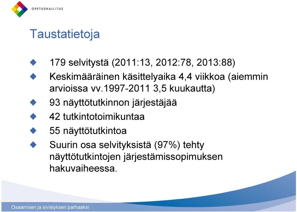 1997-2011 3,5 kuukautta) 93 näyttötutkinnon järjestäjää 42