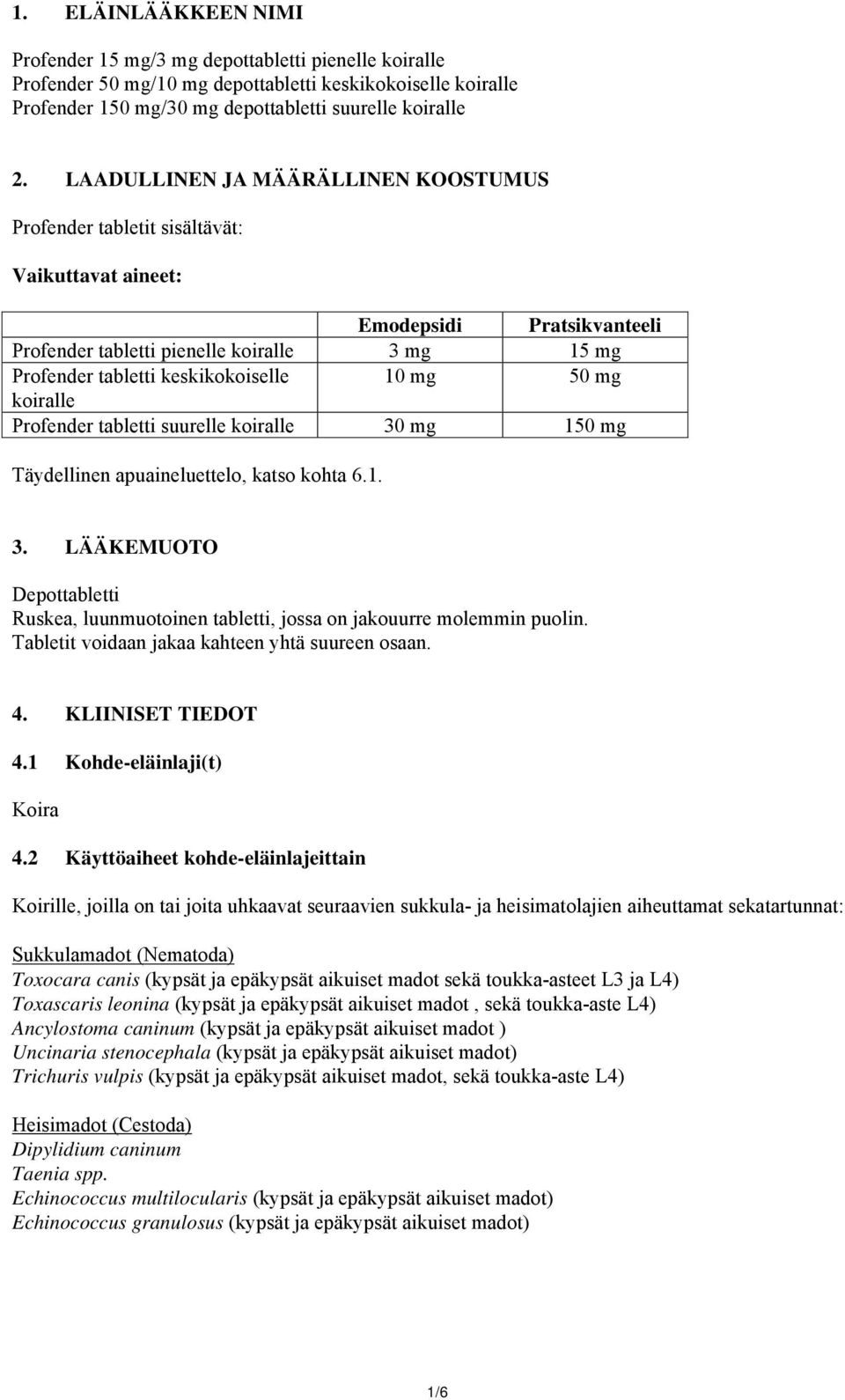 10 mg 50 mg koiralle Profender tabletti suurelle koiralle 30 mg 150 mg Täydellinen apuaineluettelo, katso kohta 6.1. 3. LÄÄKEMUOTO Depottabletti Ruskea, luunmuotoinen tabletti, jossa on jakouurre molemmin puolin.