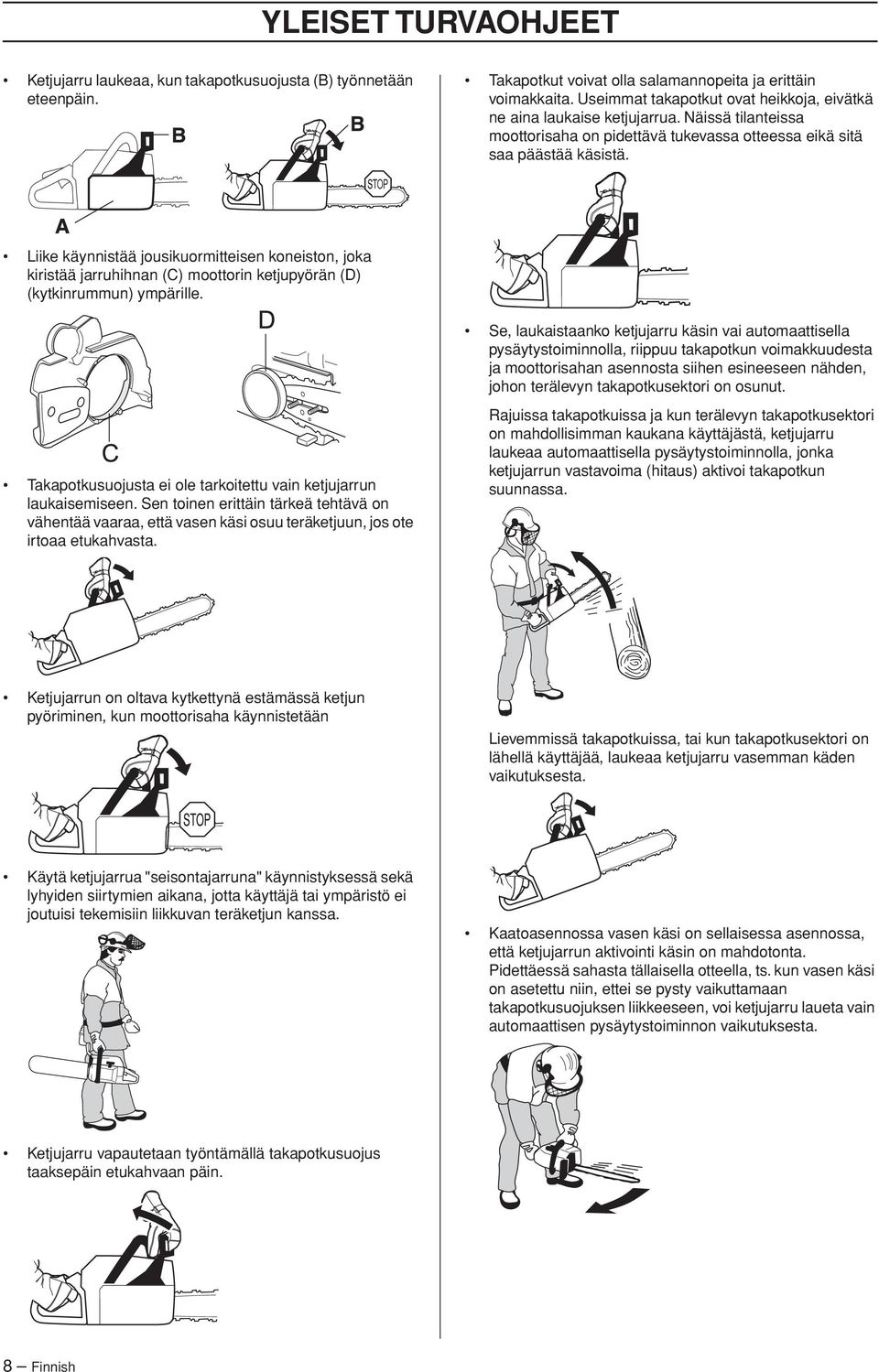 Liike käynnistää jousikuormitteisen koneiston, joka kiristää jarruhihnan (C) moottorin ketjupyörän (D) (kytkinrummun) ympärille.