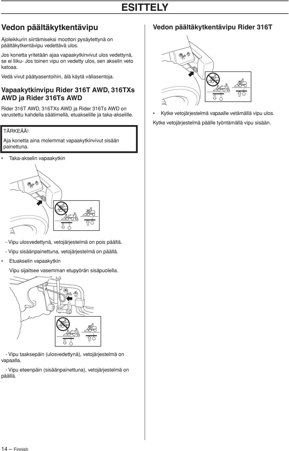 Vapaakytkinvipu Rider 316T AWD, 316Ts AWD ja Rider 316Ts AWD Rider 316T AWD, 316Ts AWD ja Rider 316Ts AWD on varustettu kahdella säätimellä, etuakselille ja taka-akselille.