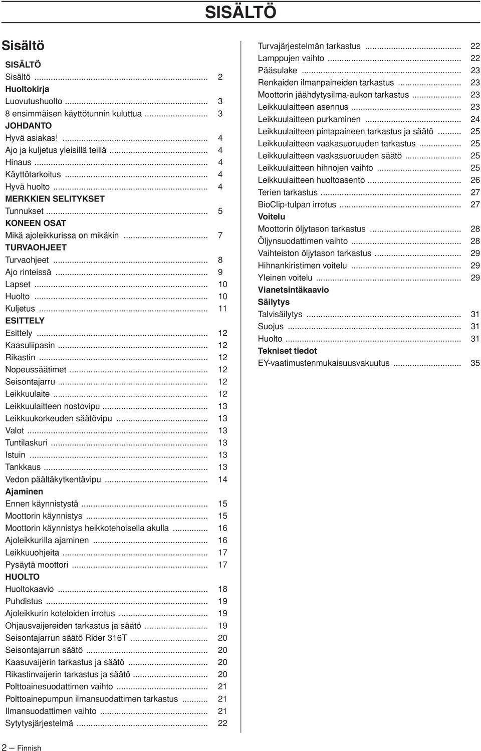 .. 10 Kuljetus... 11 ESITTELY Esittely... 12 Kaasuliipasin... 12 Rikastin... 12 Nopeussäätimet... 12 Seisontajarru... 12 Leikkuulaite... 12 Leikkuulaitteen nostovipu... 13 Leikkuukorkeuden säätövipu.