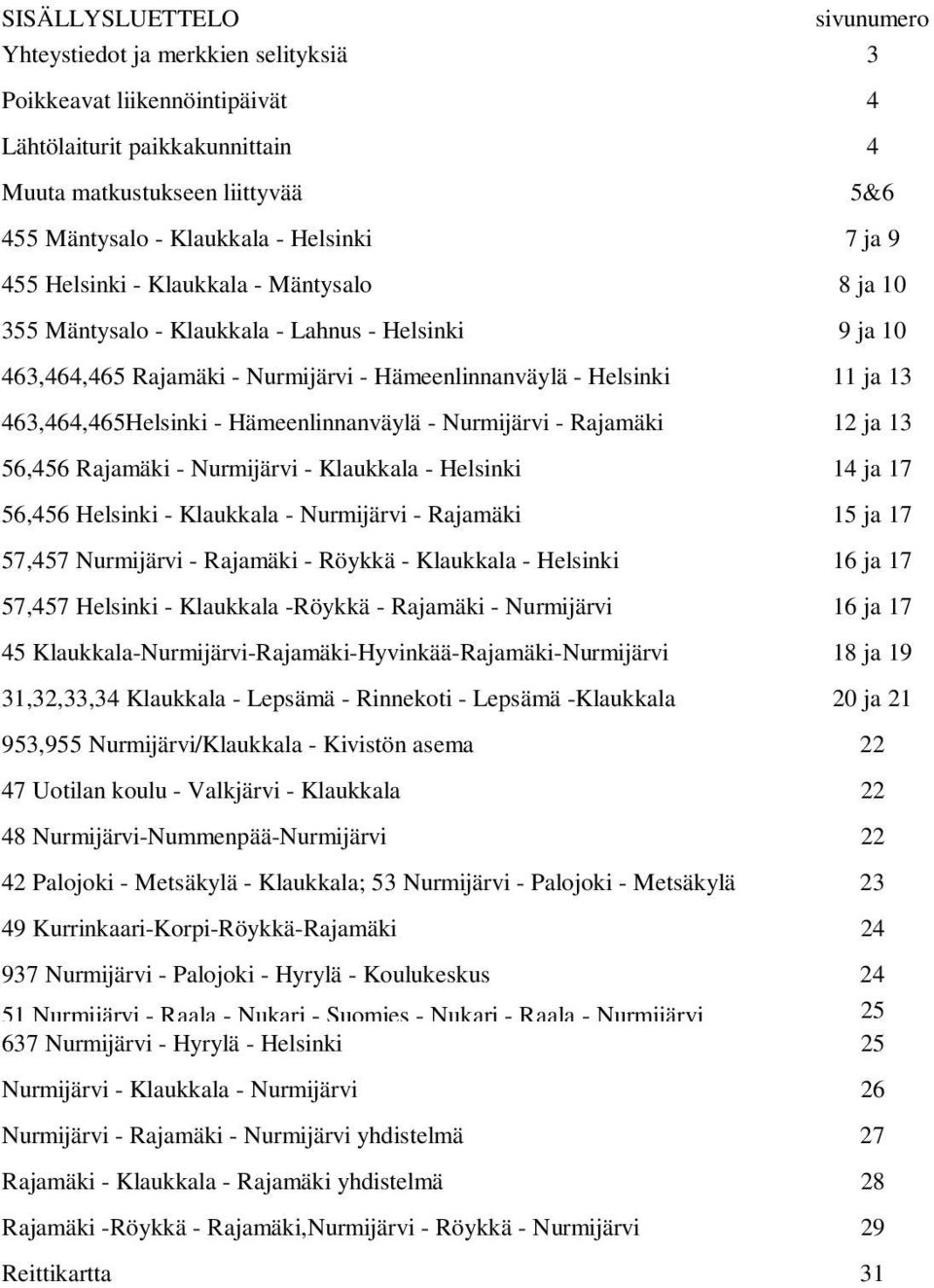 - Hämeenlinnanväylä - Nurmijärvi - Rajamäki 11 ja 13 12 ja 13 56,456 Rajamäki - Nurmijärvi - Klaukkala - Helsinki 14 ja 17 56,456 Helsinki - Klaukkala - Nurmijärvi - Rajamäki 15 ja 17 57,457