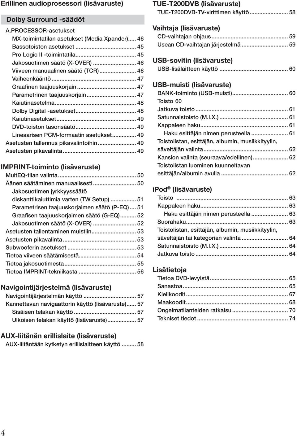 .. 48 Dolby Digital -asetukset... 48 Kaiutinasetukset... 49 DVD-toiston tasonsäätö... 49 Lineaarisen PCM-formaatin asetukset... 49 Asetusten tallennus pikavalintoihin... 49 Asetusten pikavalinta.