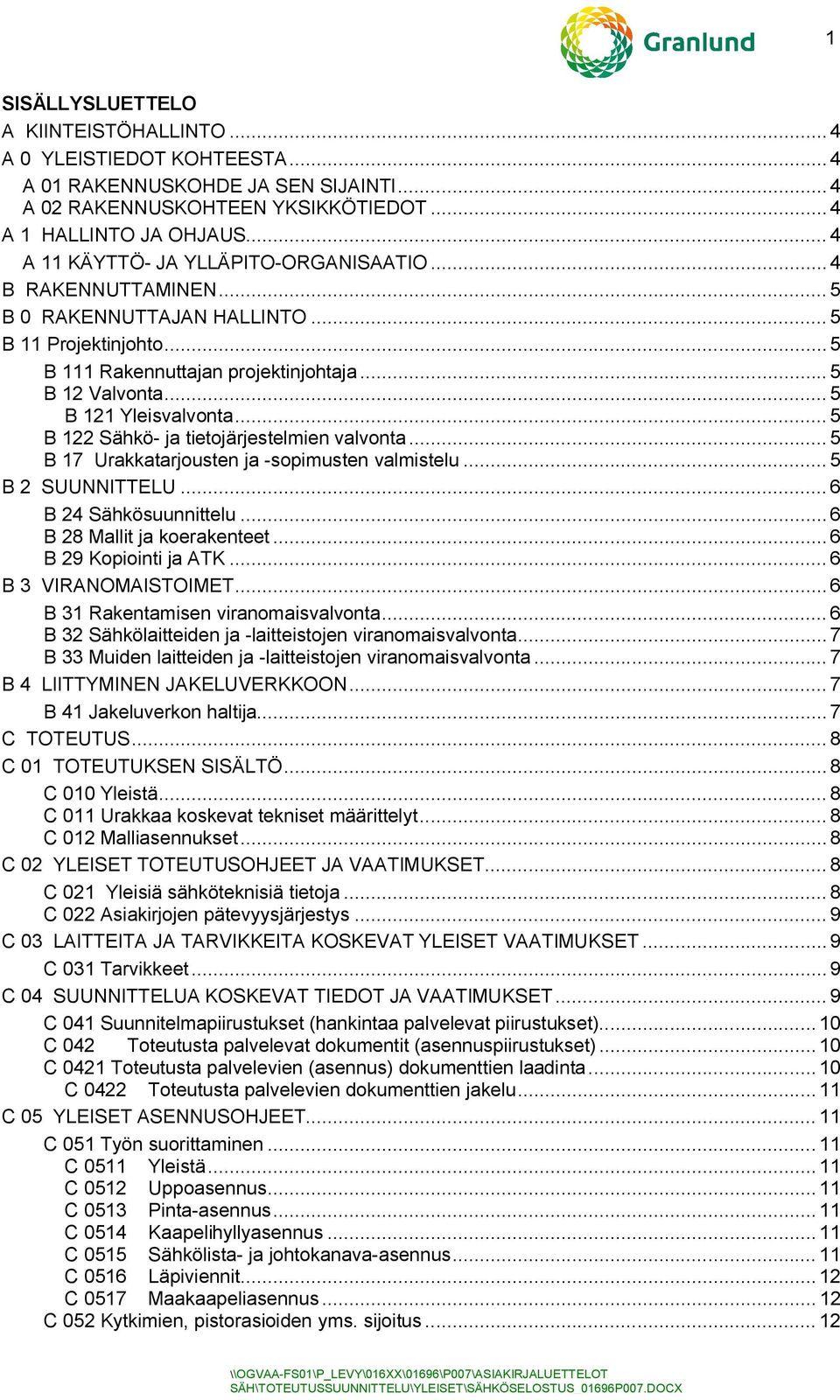 .. 5 B 121 Yleisvalvonta... 5 B 122 Sähkö- ja tietojärjestelmien valvonta... 5 B 17 Urakkatarjousten ja -sopimusten valmistelu... 5 B 2 SUUNNITTELU... 6 B 24 Sähkösuunnittelu.