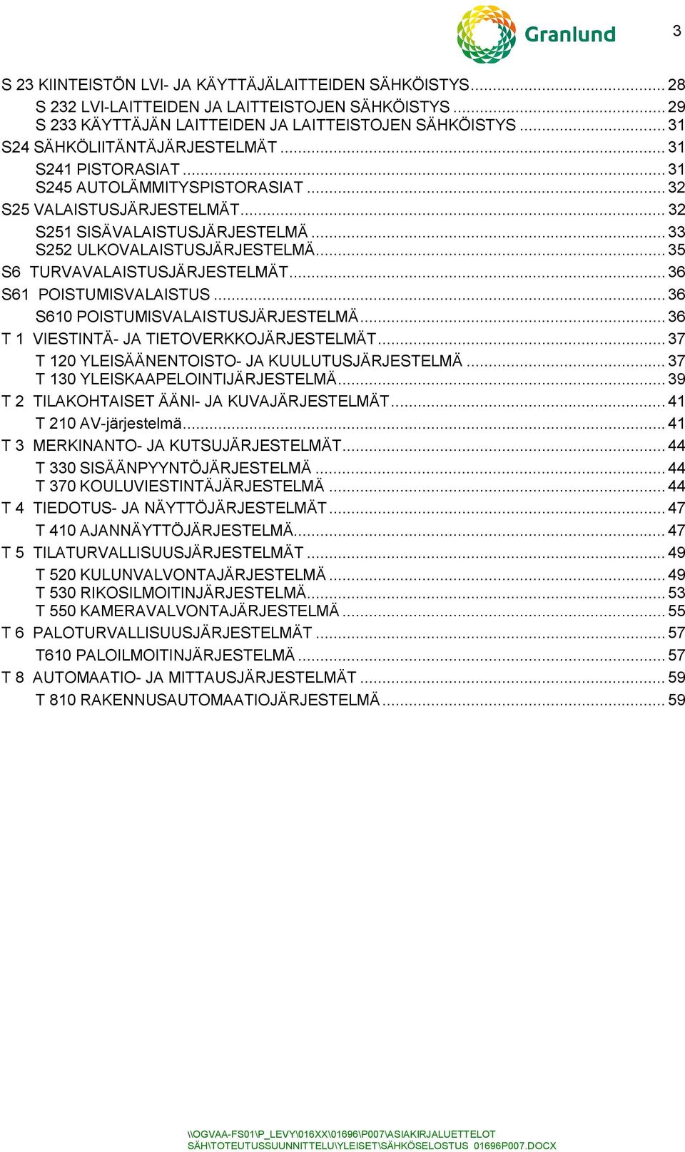 .. 35 S6 TURVAVALAISTUSJÄRJESTELMÄT... 36 S61 POISTUMISVALAISTUS... 36 S610 POISTUMISVALAISTUSJÄRJESTELMÄ... 36 T 1 VIESTINTÄ- JA TIETOVERKKOJÄRJESTELMÄT.