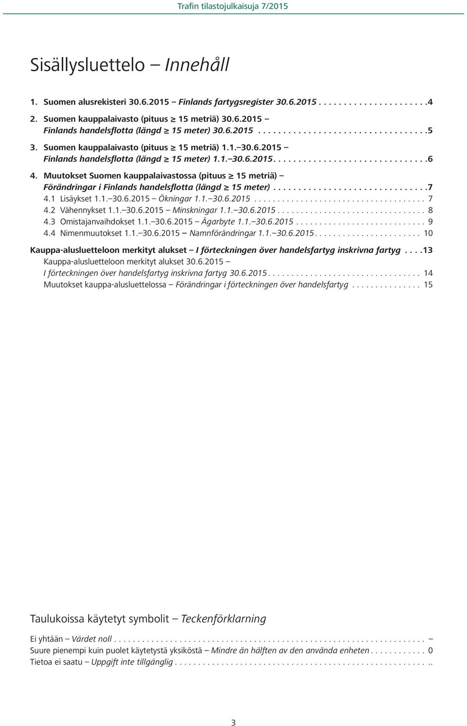 Muutokset Suomen kauppalaivastossa (pituus 15 metriä) Förändringar i Finlands handelsflotta (längd 15 meter)...7 4.1 Lisäykset 1.1. 30.6.2015 Ökningar 1.1. 30.6.2015... 7 4.2 Vähennykset 1.1. 30.6.2015 Minskningar 1.