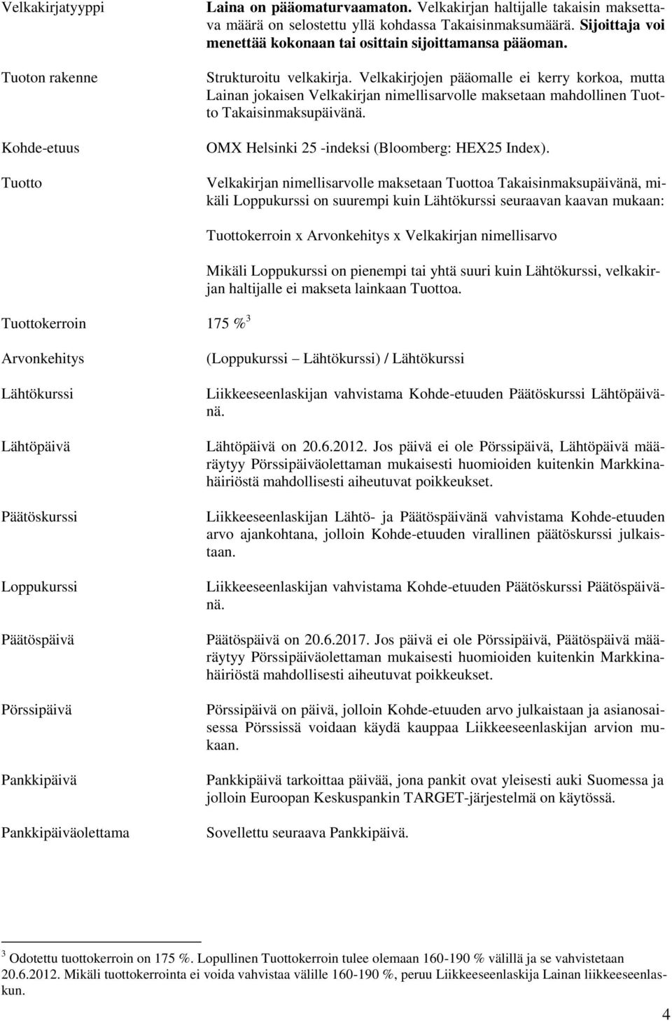 Velkakirjojen pääomalle ei kerry korkoa, mutta Lainan jokaisen Velkakirjan nimellisarvolle maksetaan mahdollinen Tuotto Takaisinmaksupäivänä. OMX Helsinki 25 -indeksi (Bloomberg: HEX25 Index).