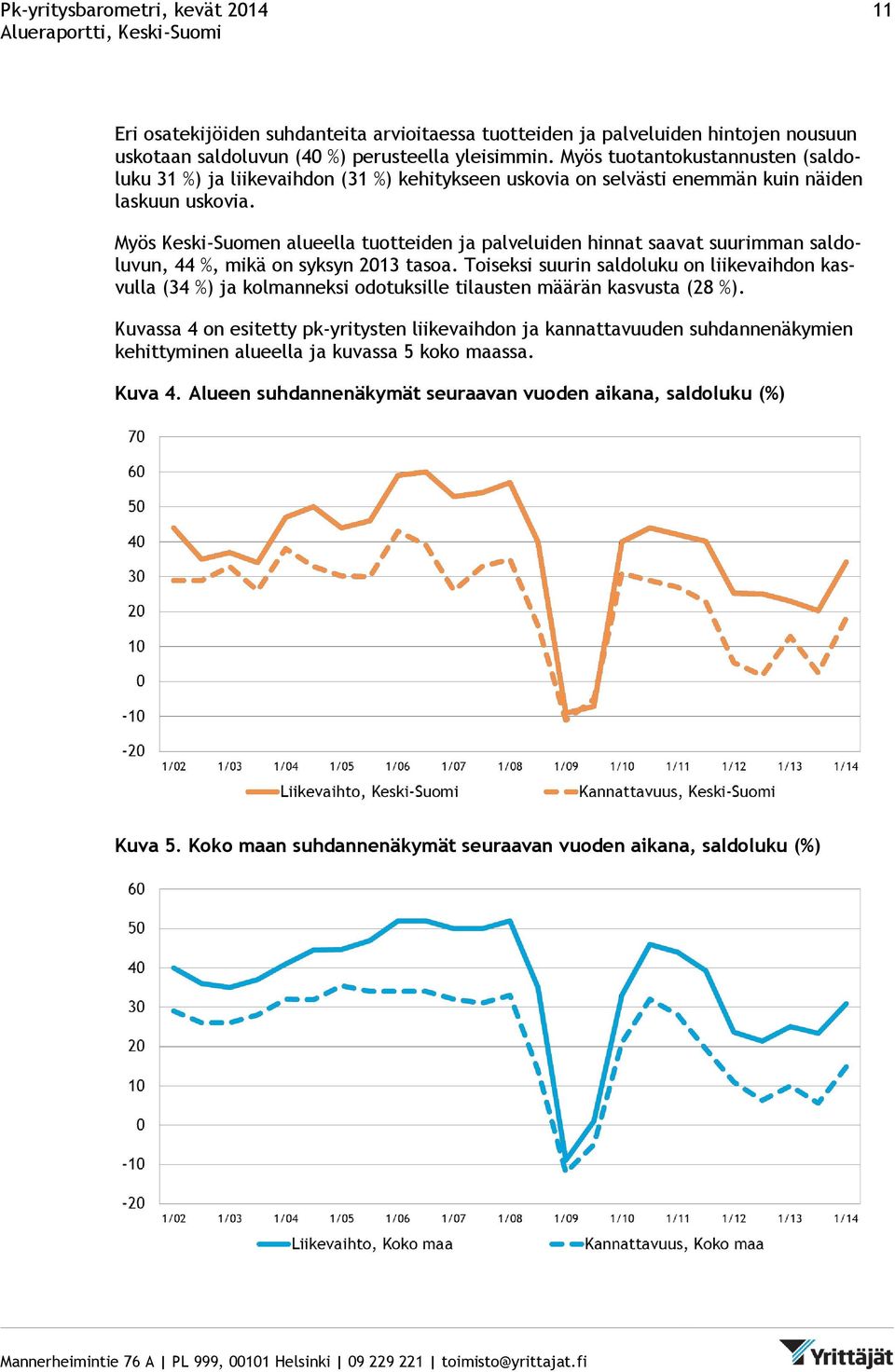 Myös Keski-Suomen alueella tuotteiden ja palveluiden hinnat saavat suurimman saldoluvun, 44 %, mikä on syksyn 2013 tasoa.