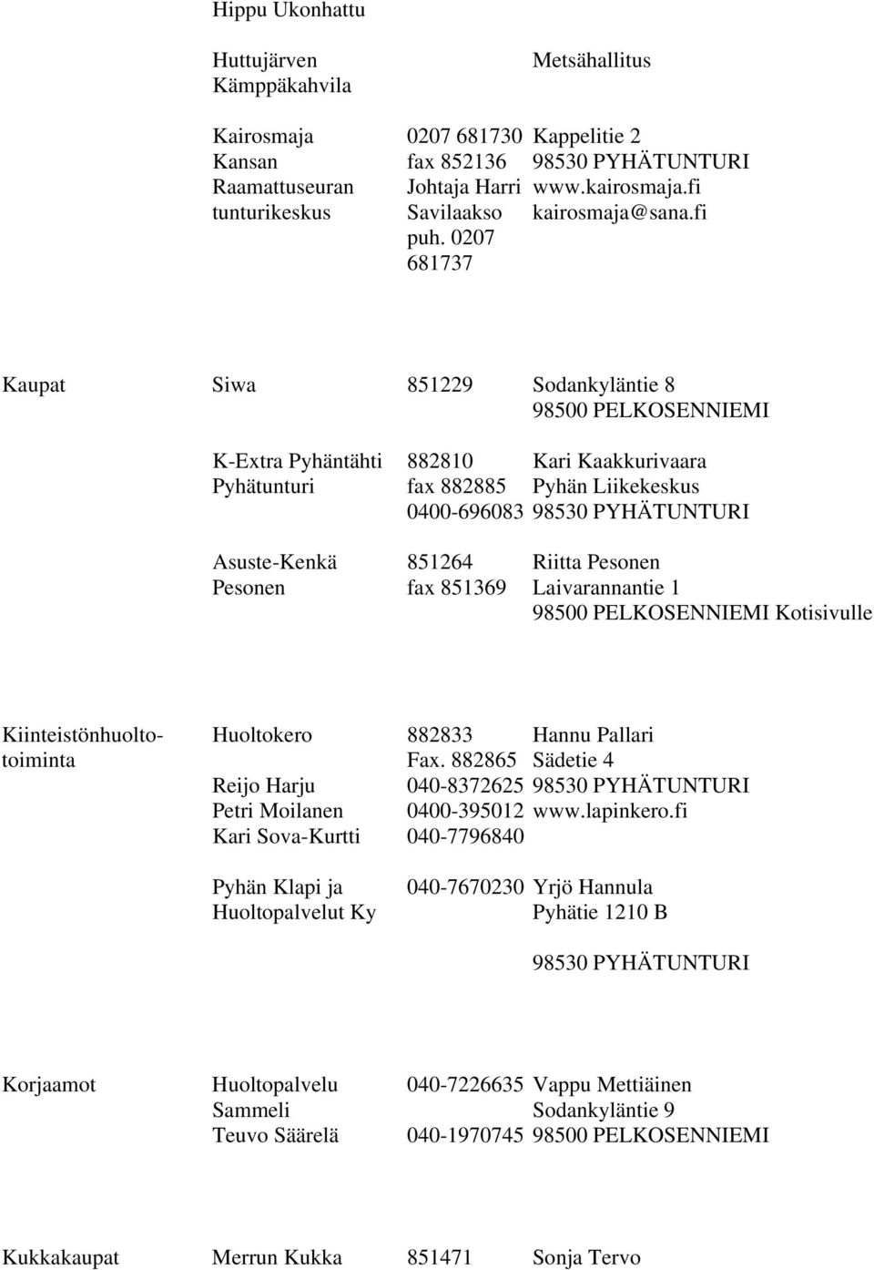 fi Kaupat Siwa 851229 Sodankyläntie 8 K-Extra Pyhäntähti Pyhätunturi 882810 Kari Kaakkurivaara fax 882885 Pyhän Liikekeskus 0400-696083 Asuste-Kenkä Pesonen 851264 fax 851369 Riitta Pesonen