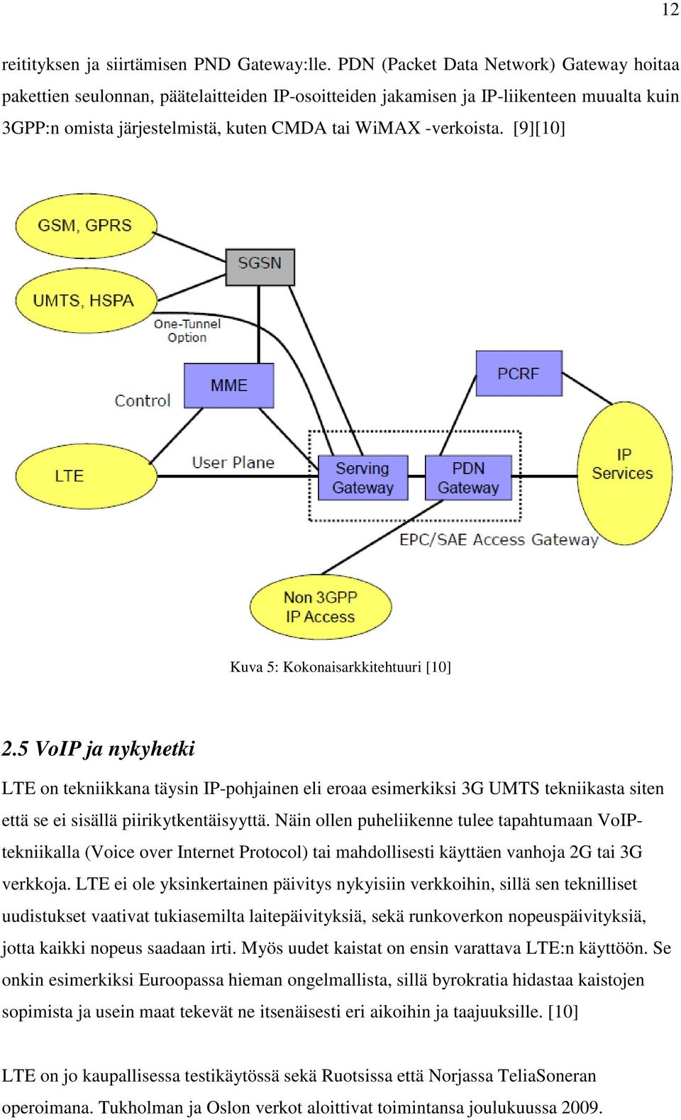 [9][10] Kuva 5: Kokonaisarkkitehtuuri [10] 2.5 VoIP ja nykyhetki LTE on tekniikkana täysin IP-pohjainen eli eroaa esimerkiksi 3G UMTS tekniikasta siten että se ei sisällä piirikytkentäisyyttä.