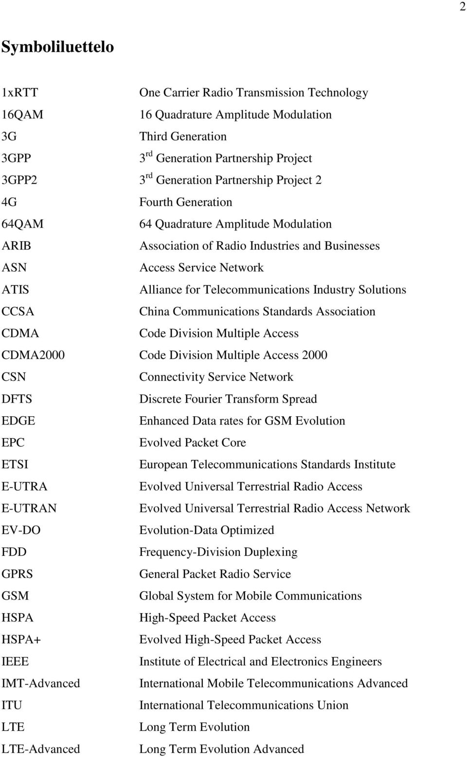 Industry Solutions CCSA China Communications Standards Association CDMA Code Division Multiple Access CDMA2000 Code Division Multiple Access 2000 CSN Connectivity Service Network DFTS Discrete