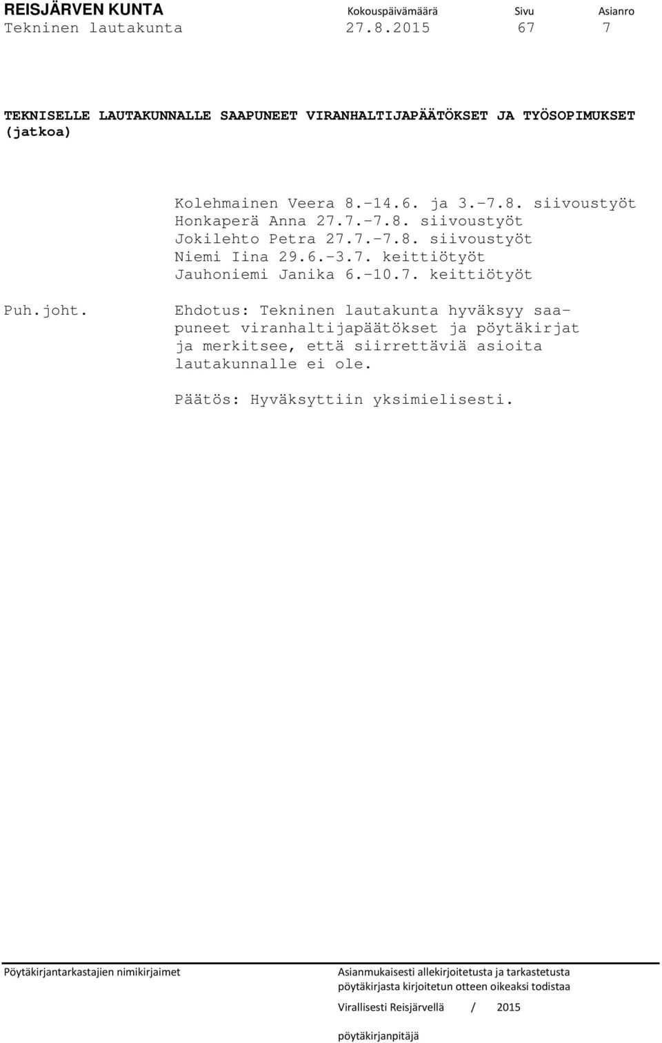 -7.8. siivoustyöt Honkaperä Anna 27.7.-7.8. siivoustyöt Jokilehto Petra 27.7.-7.8. siivoustyöt Niemi Iina 29.6.-3.7. keittiötyöt Jauhoniemi Janika 6.