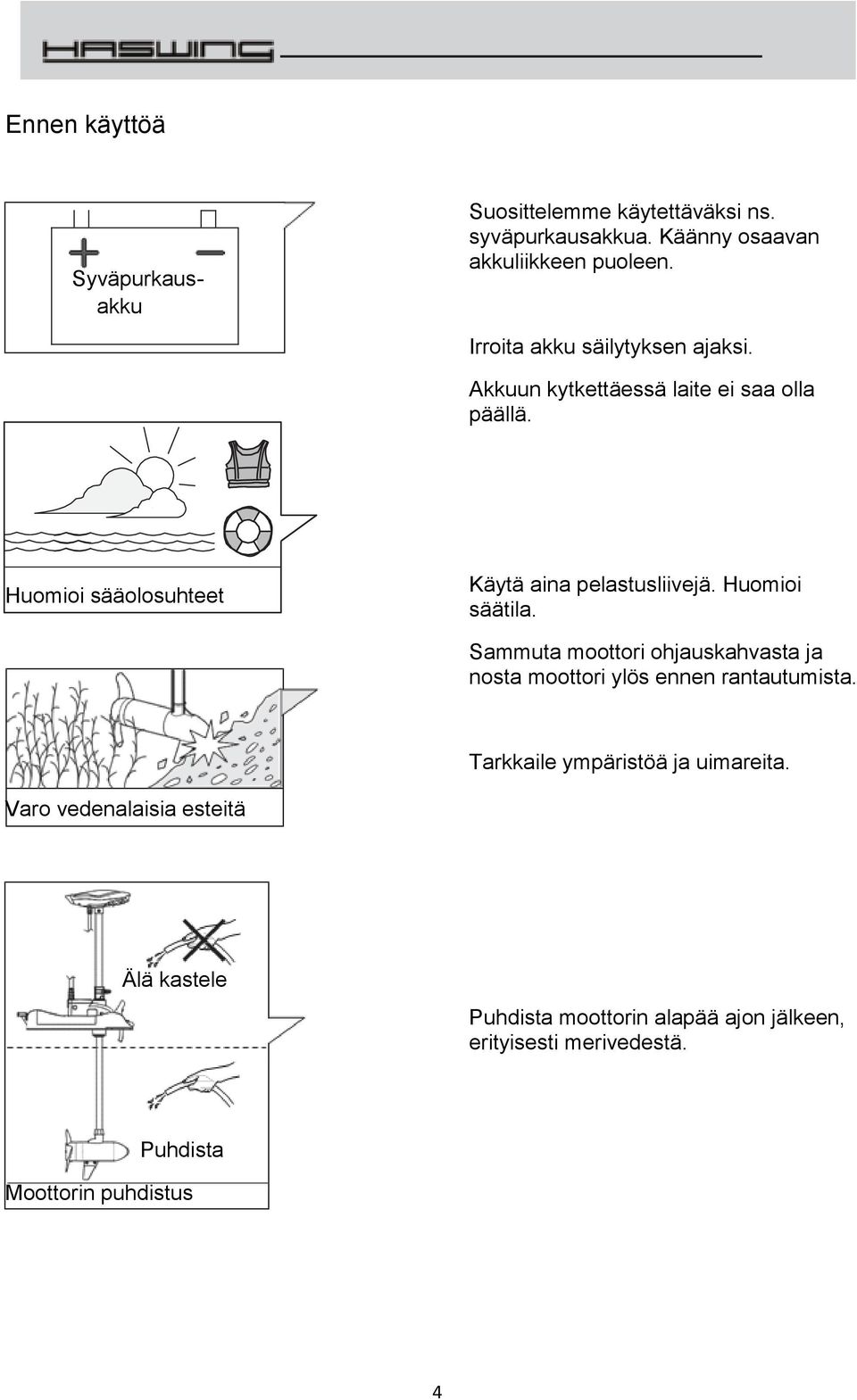 Huomioi sääolosuhteet Käytä aina pelastusliivejä. Huomioi säätila.