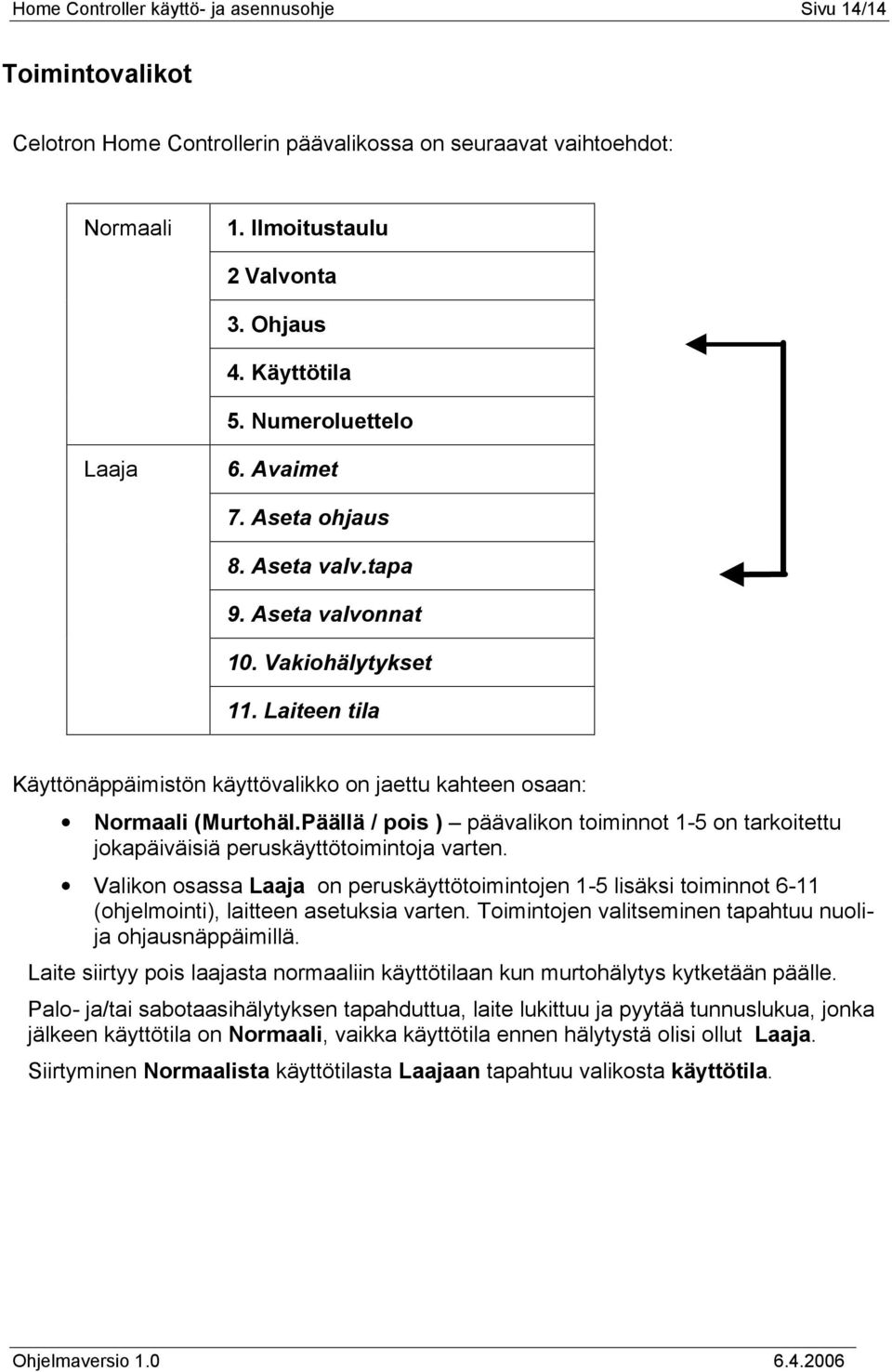 Päällä / pois ) päävalikon toiminnot 1-5 on tarkoitettu jokapäiväisiä peruskäyttötoimintoja varten.