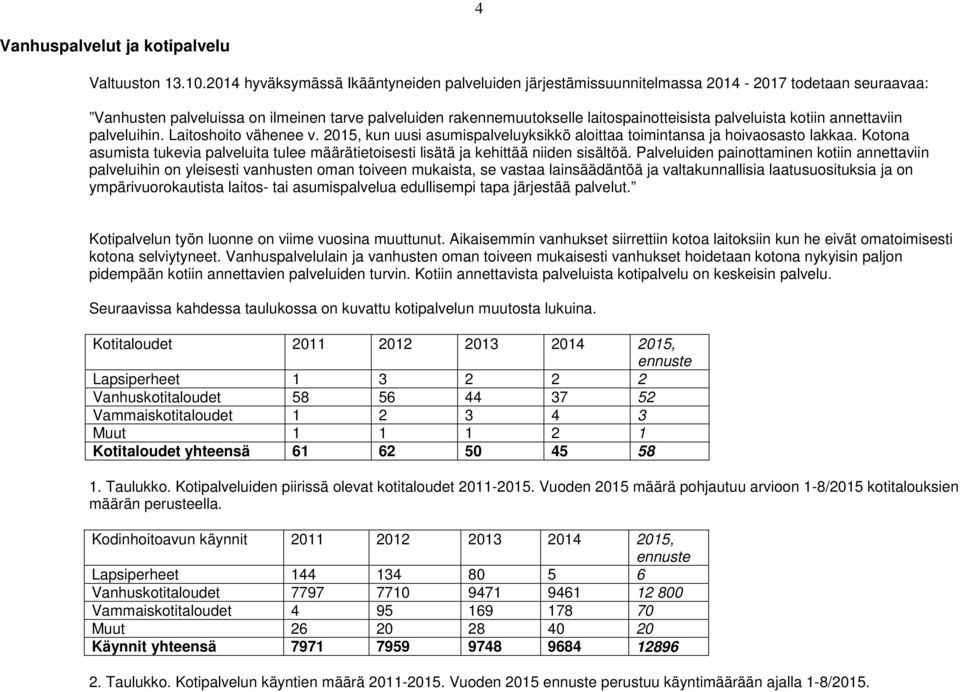 palveluista kotiin annettaviin palveluihin. Laitoshoito vähenee v. 2015, kun uusi asumispalveluyksikkö aloittaa toimintansa ja hoivaosasto lakkaa.