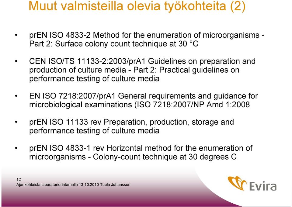 ISO 7218:2007/prA1 General requirements and guidance for microbiological examinations (ISO 7218:2007/NP Amd 1:2008 pren ISO 11133 rev Preparation, production,