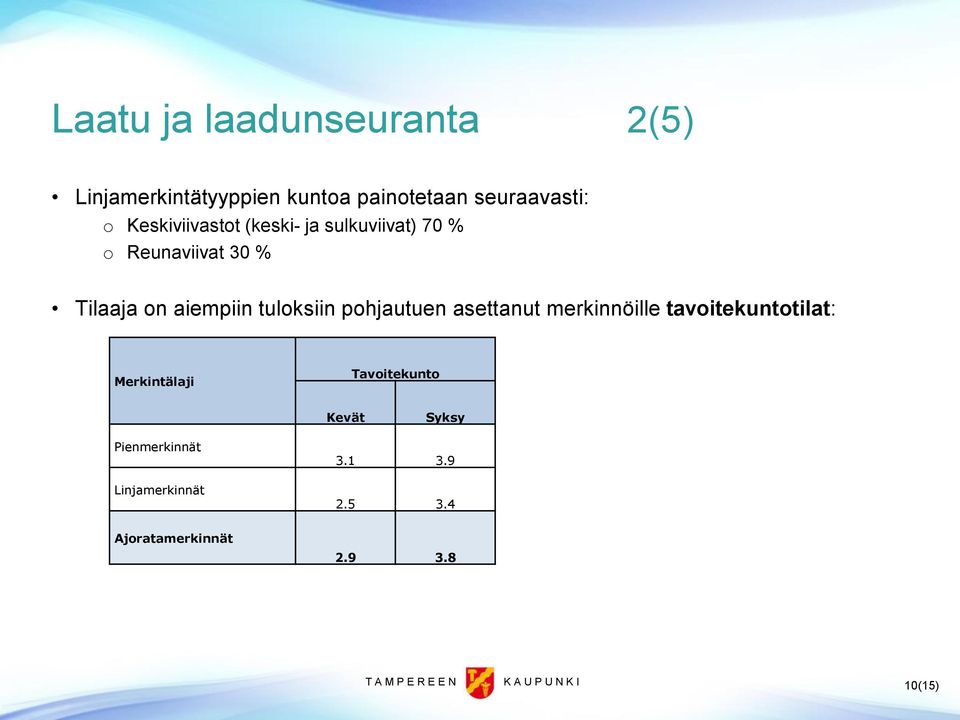 pohjautuen asettanut merkinnöille tavoitekuntotilat: Merkintälaji Tavoitekunto Kevät Syksy