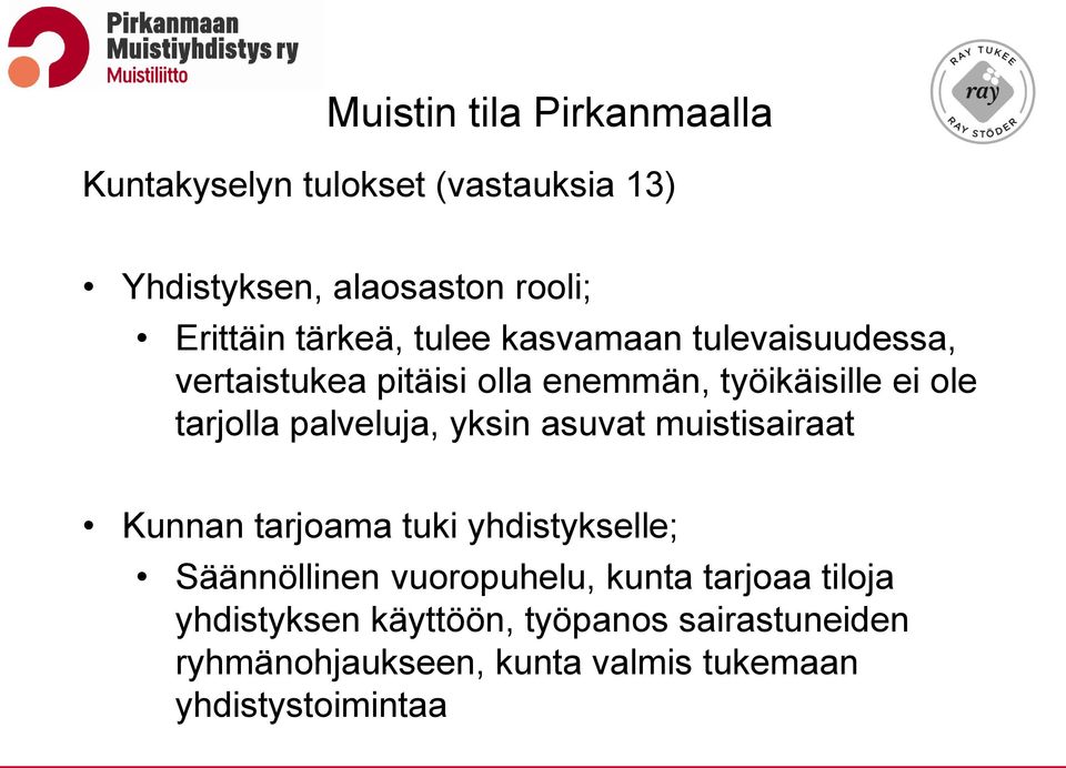 palveluja, yksin asuvat muistisairaat Kunnan tarjoama tuki yhdistykselle; Säännöllinen vuoropuhelu, kunta