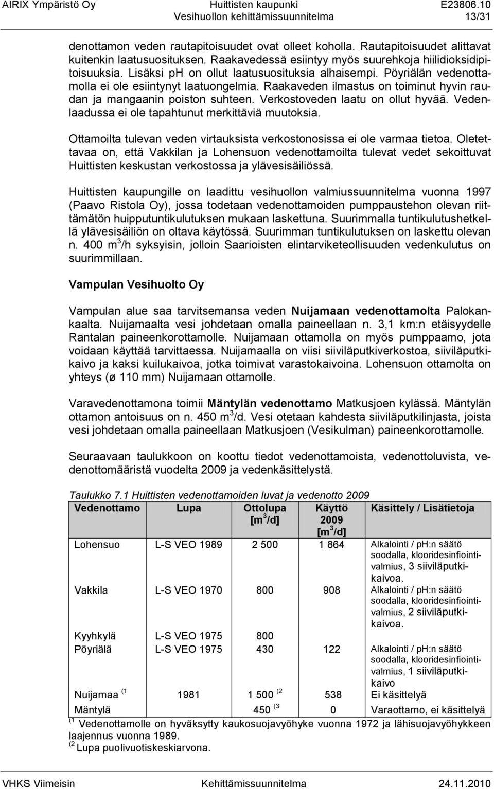 Raakaveden ilmastus on toiminut hyvin raudan ja mangaanin poiston suhteen. Verkostoveden laatu on ollut hyvää. Vedenlaadussa ei ole tapahtunut merkittäviä muutoksia.