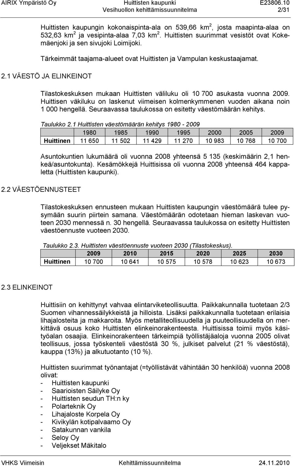 1 VÄESTÖ JA ELINKEINOT Tilastokeskuksen mukaan Huittisten väliluku oli 10 700 asukasta vuonna 2009. Huittisen väkiluku on laskenut viimeisen kolmenkymmenen vuoden aikana noin 1 000 hengellä.