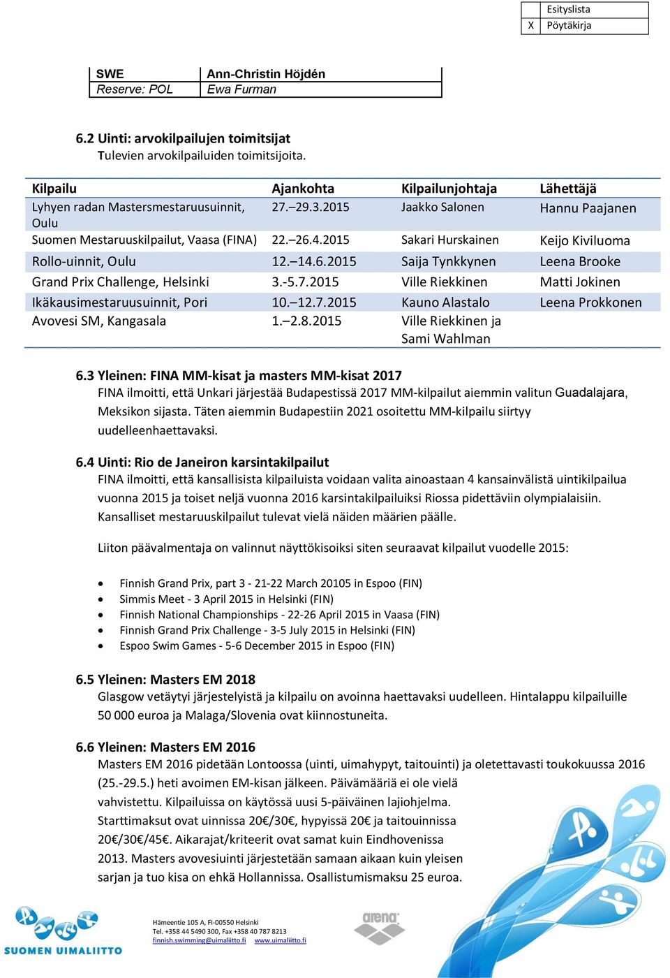 2015 Sakari Hurskainen Keijo Kiviluoma Rollo-uinnit, Oulu 12. 14.6.2015 Saija Tynkkynen Leena Brooke Grand Prix Challenge, Helsinki 3.-5.7.