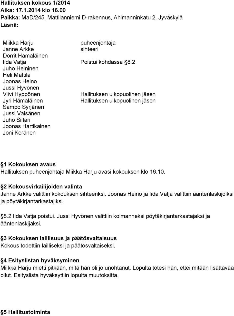 Hyppönen Jyri Hämäläinen Sampo Syrjänen Jussi Väisänen Juho Siitari Joonas Hartikainen Joni Keränen puheenjohtaja sihteeri Poistui kohdassa 8.