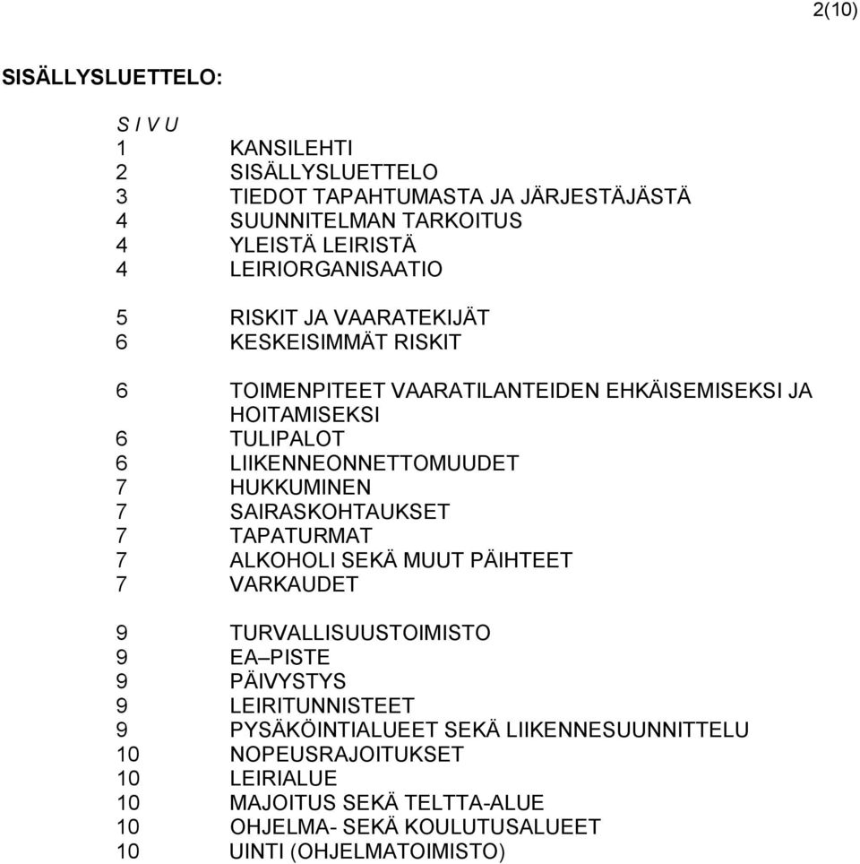 LIIKENNEONNETTOMUUDET 7 HUKKUMINEN 7 SAIRASKOHTAUKSET 7 TAPATURMAT 7 ALKOHOLI SEKÄ MUUT PÄIHTEET 7 VARKAUDET 9 TURVALLISUUSTOIMISTO 9 EA PISTE 9 PÄIVYSTYS 9