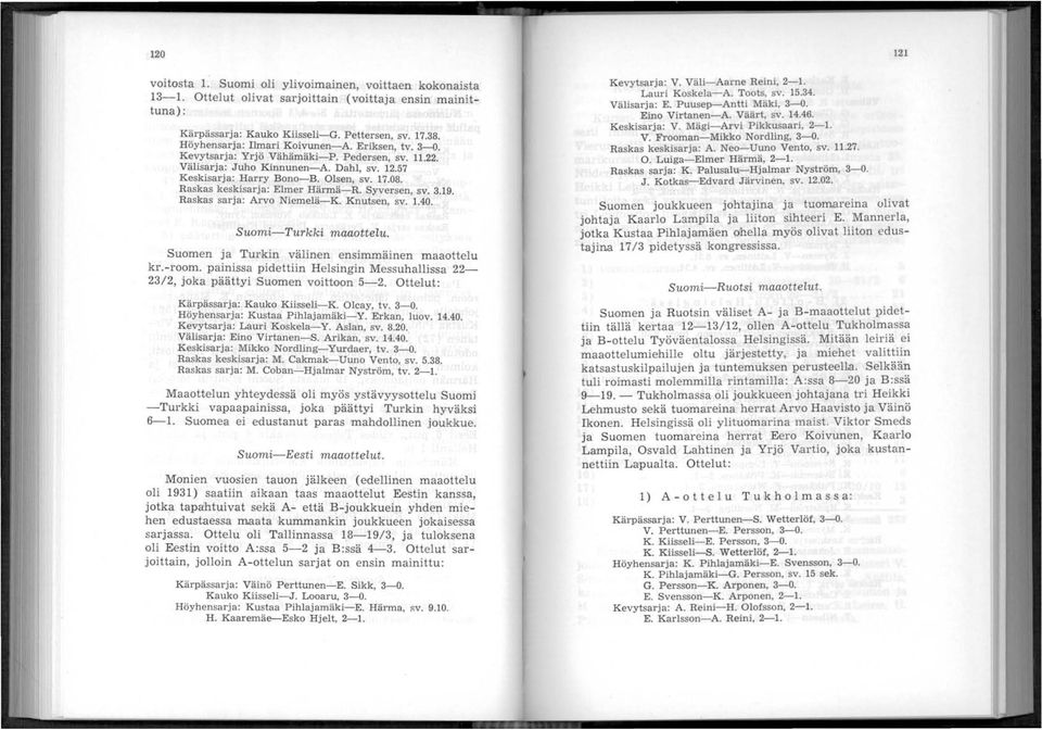 Raskas keskisarja: Elmer Härmä-R. Syversen, sv. 3.19. Raskas sarja: Arvo Niemelä-K. Knutsen, sv. 1.40. Suomi-Turkki maaottelu. Suomen ja Turkin välinen ensimmäinen maaottelu kr.-room.