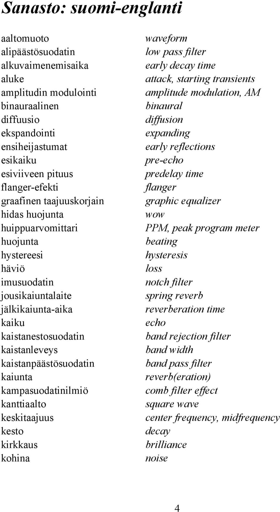 kaiunta kampasuodatinilmiö kanttiaalto keskitaajuus kesto kirkkaus kohina waveform low pass filter early decay time attack, starting transients amplitude modulation, AM binaural diffusion expanding