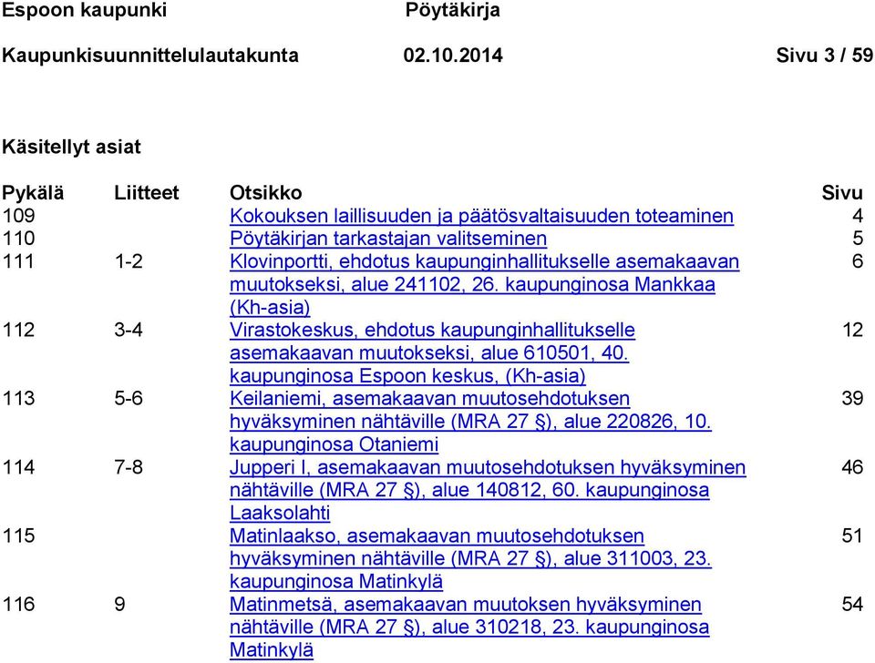 kaupunginhallitukselle asemakaavan 6 muutokseksi, alue 241102, 26. kaupunginosa Mankkaa (Kh-asia) 112 3-4 Virastokeskus, ehdotus kaupunginhallitukselle 12 asemakaavan muutokseksi, alue 610501, 40.