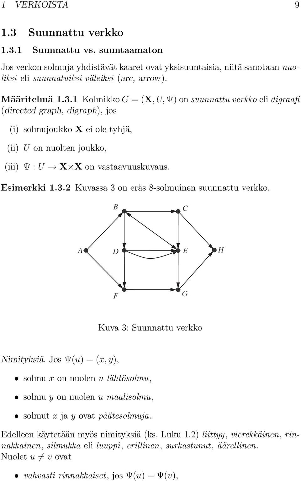 Esimerkki 1.3.2 Kuvassa 3 on eräs 8-solmuinen suunnattu verkko. B C A D E H F G Kuva 3: Suunnattu verkko Nimityksiä.